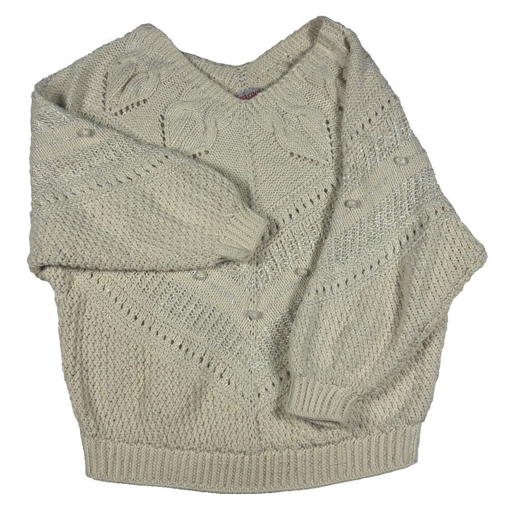 Margot Vintage Cotton Silk Sweater Women Cream Textured Open Knit Pullover